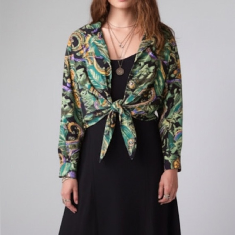 80s Vintage Ice Fire Funky Mixed Paisley Fruit Print Button Front‎ Top